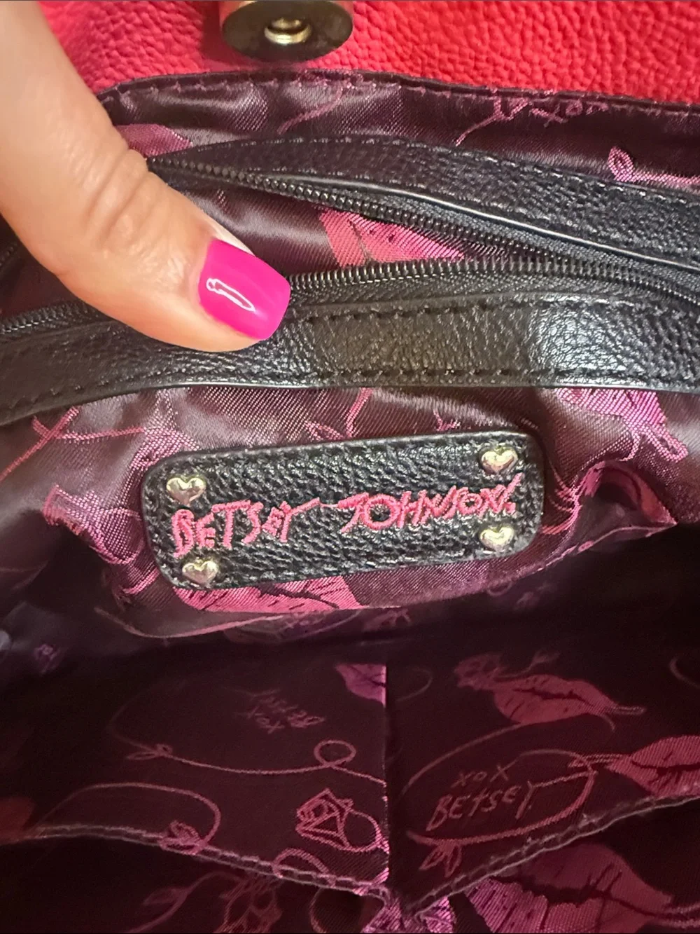 Betsey Johnson Black & White Striped Satchel with Pink Pocket and Black Bow